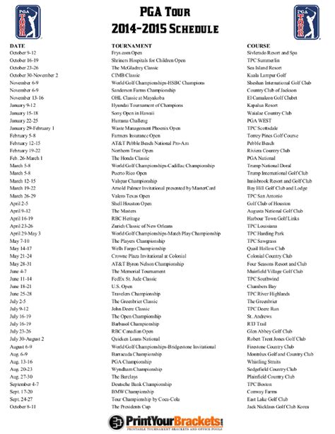 Printable PGA Tour Schedule - PGA Tournament Dates 2014 - 2015