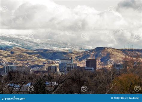 Downtown Boise on a Winter Day with Snow Capped Mountains in the ...