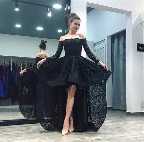 Sexy Long Sleeves Black Hi Low Prom Dresses Homecoming Dress ...