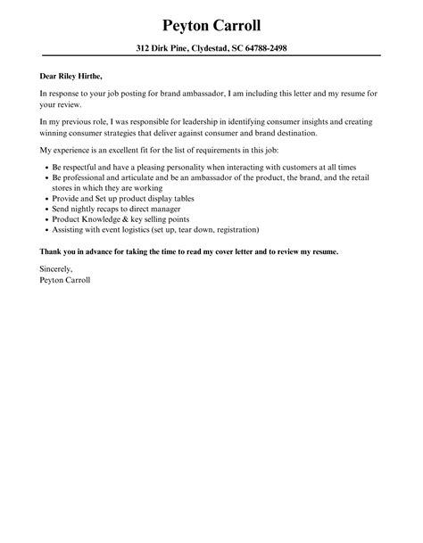 Brand Ambassador Cover Letter | Velvet Jobs