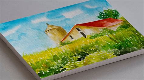 WATERCOLOR PAINTING FARM HOUSE LANDSCAPE FOR BEGINNERS | HOW TO DRAW EASY SCENERY DRAWING ...