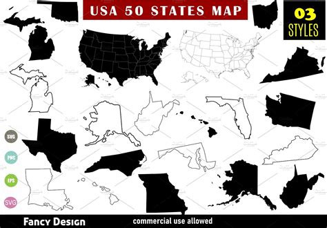 USA 50 States MAP, State Silhouettes | Illustrations ~ Creative Market