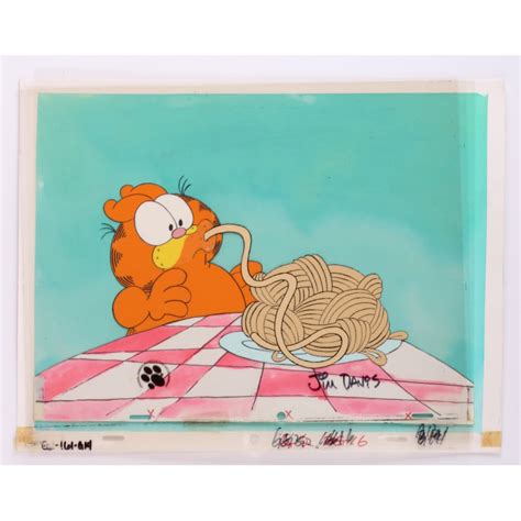 Jim Davis Signed "Garfield Eating Spaghetti" 12.5" x 10.5" Original Hand-Painted Animation ...