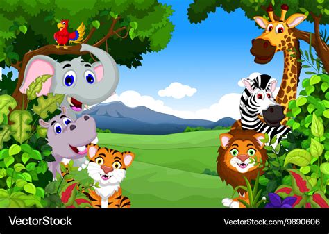 Funny animal cartoon with forest background Vector Image