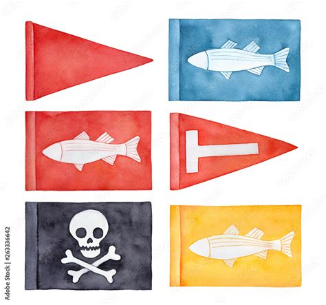 Colorful fishing flags collection. Bright red, black, blue, yellow colors. Variations with fish ...