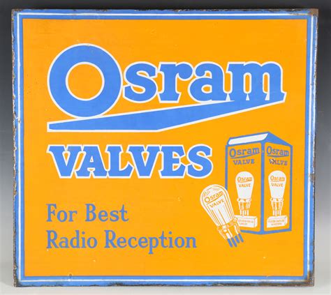 An Osram Valves pictorial double-sided enamel advertising sign, 45.5cm x 49cm.