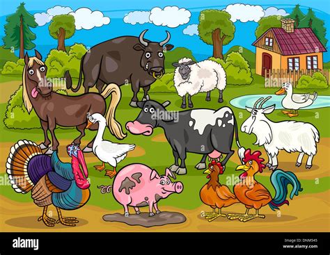 Cartoon Illustration of Country Scene with Farm Animals Livestock Big Group Stock Vector Image ...