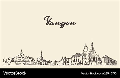 Yangon skyline myanmar city drawn sketch Vector Image