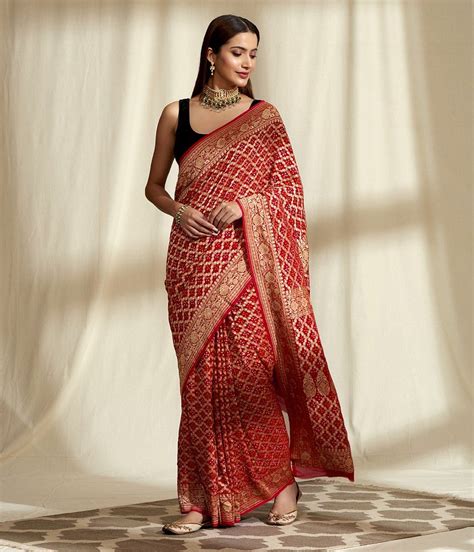 Handwoven Banarasi Bandhej Saree in Red with Gold Zari Weave | Fancy ...