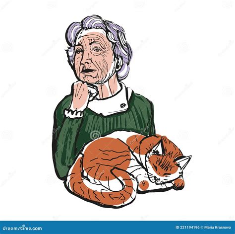 Colorful Sketch of a Granny and Cat on a White Background Drawing Flat Vector Stock Vector ...