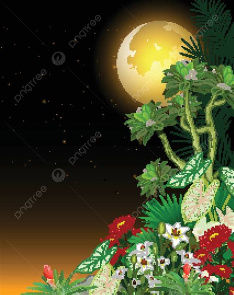 Cartoon Depiction Of Stunning Full Moon Night Sky With Lush Tropical Ivy Foliage And Flowers ...