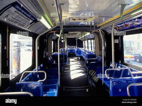 Empty bus interior New York City. Public transportation by MTA or Metropolitan Transit Authority ...