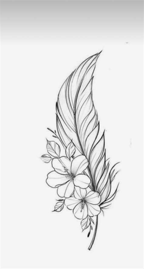 a drawing of a feather with flowers on it