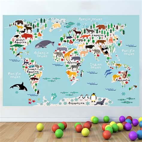 Educational World Map Animals Kids Nursery Bedroom Vinyl Wall Sticker ...