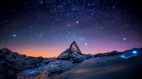 Wallpaper : 2560x1440 px, lights, Matterhorn, mountain, night, snow, space, stars, tilt shift ...