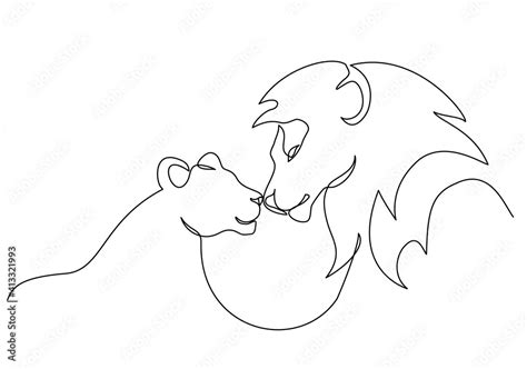 Lion with lioness in love. Lion family. One line drawing Stock Vector | Adobe Stock