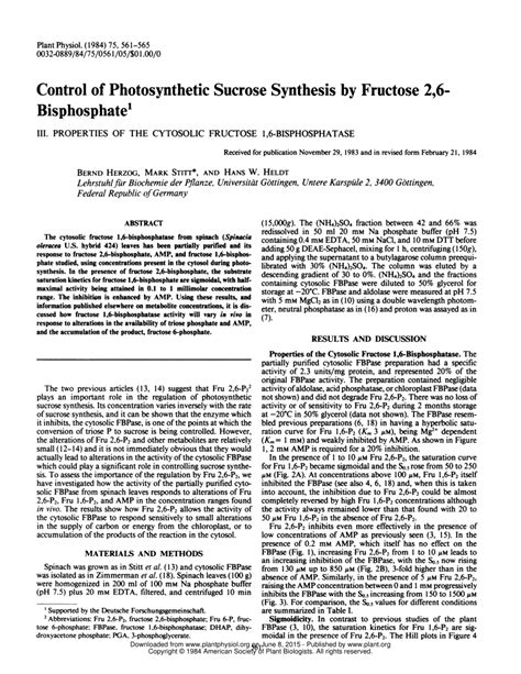 (PDF) Control of Photosynthetic Sucrose Synthesis by Fructose 2,6-Bisphosphate : III. Properties ...