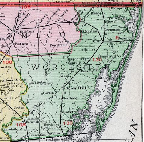 Worcester County, Maryland, Map, 1911, Rand McNally, Snow Hill ...