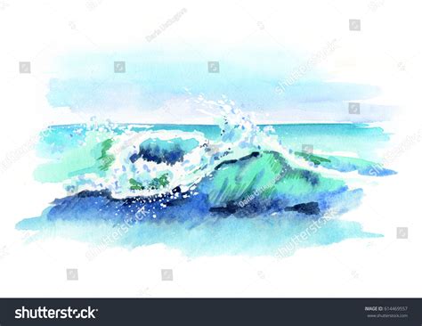 Watercolor Hand Drawn Ocean Wave Sketch Stock Illustration 614469557