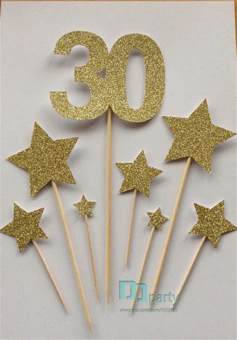 Custom number Gold 30th Birthday Cake Toppers, Gold Glitter 30 & Star Cake Toppers, Birthday ...