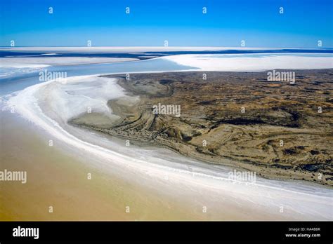 An aerial view of the rare flooding of Kati Thanda - Lake Eyre in the ...