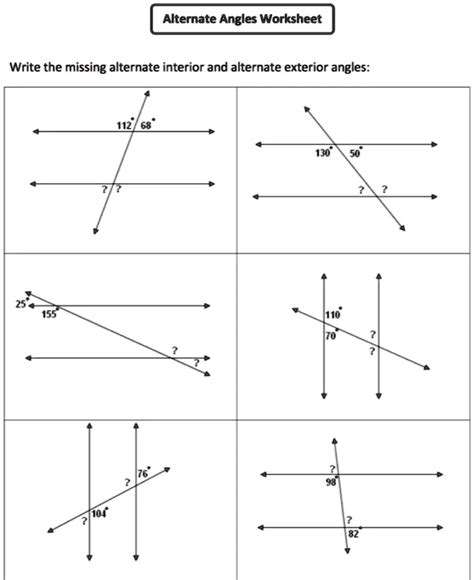 SOLVED: Alternate Angles Worksheet Write the missing alternate interior ...