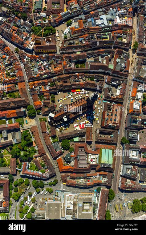 Aerial view, Freiburg cathedral with Market Square, Freiburg, Breisgau ...