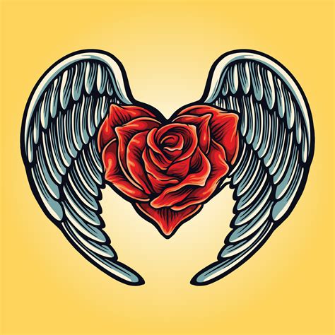 Angel wings with rose heart Symbol Vector Tattoo Illustrations 4987757 ...