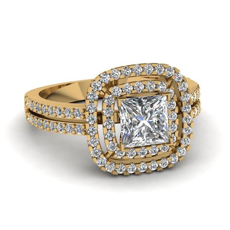 Princess Cut Square Double Halo Diamond Engagement Ring In 18K Yellow ...