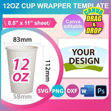 12oz Cup Wrapper Template, SVG, DXF, Canva, Ms Word Docx, Png, Psd, 8.5x11 Sheet, Printable - Etsy