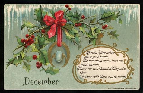 Vintage Postcard December Birthday Turquoise Holly 1907 Embossed-Unused-p33 #Birthday (With ...