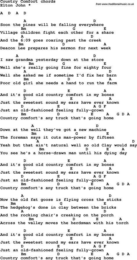 Song lyrics with guitar chords for Country Comfort