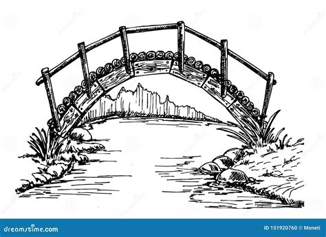 Stone Bridge Over River Landscape Sketch Retro Stock Illustration ...