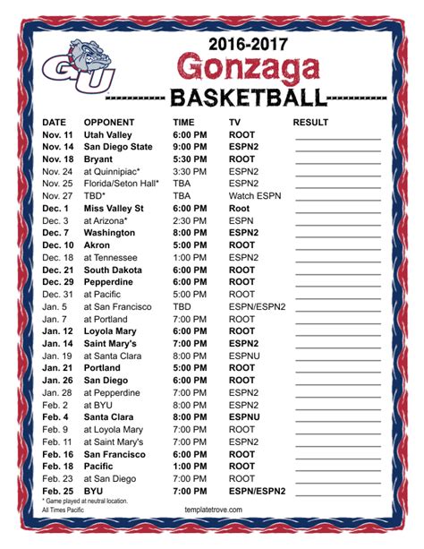 Printable Gonzaga Basketball Schedule