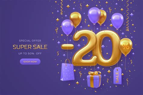 20 percent Off discount promotion Sale banner design on purple background. Realistic gold 3D 20 ...