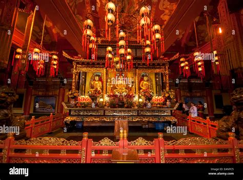 Altar inside the Tian Tan Buddha Temple located at Ngong Ping, Lantau ...