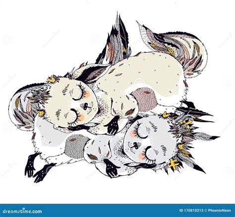 Adorable Cute Sleeping Baby Forest Fox Spirits - Wild Monster Kitsune. Stock Vector ...