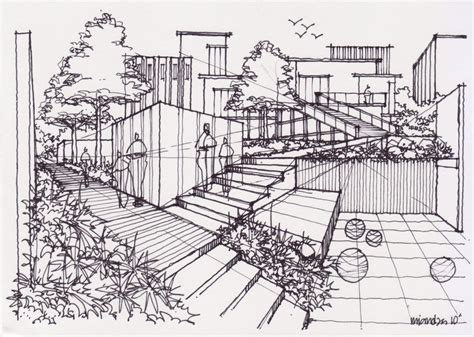 a drawing of a house with stairs and trees