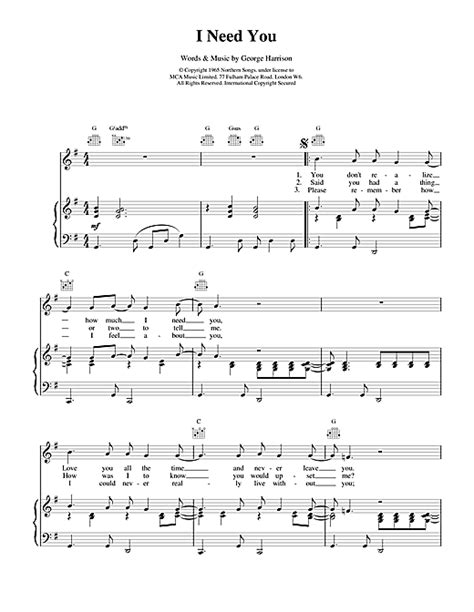 I Need You sheet music by The Beatles (Piano, Vocal & Guitar (Right-Hand Melody) – 17038)