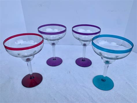 Lot #127 - 4 Hand Blown Margarita Glasses - Multi Colored Rims - Puget Sound Estate Auctions.com