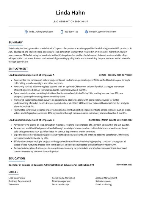 Lead Generation Specialist Resume (CV) Example and Writing Guide