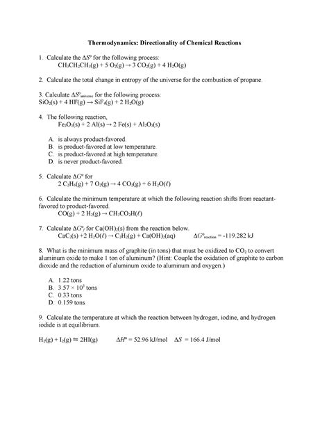 Thermo Problems Multiple Choice Part 2 - Thermodynamics: Directionality ...