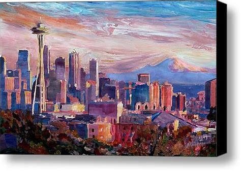 Seattle Skyline with Space Needle and Mt Rainier Canvas Print / Canvas Art by M Bleichner ...