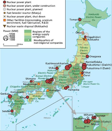 Installed capacities of nuclear power plants and locations of ...