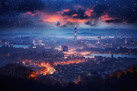 Premium AI Image | Night view of Seoul South Korea Panoramic view Seoul Skyline AI Generated