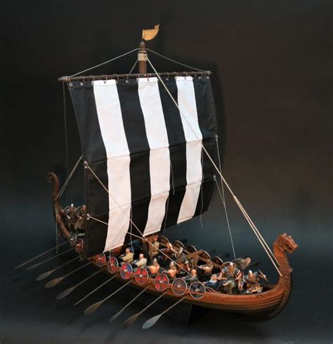 Viking Dragon (Dreki) Longship (black & white sail)--ship, 26 figures, shields, oars (23.25 in ...