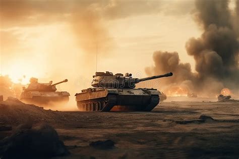 Battle Modern Tanks in War on Battlefield with Explosions and Smoke ...