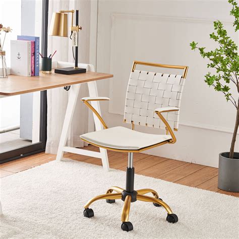 LUXMOD Mid Back Office Chair with Armrest, White Adjustable Swivel Chair in Durable Vegan ...