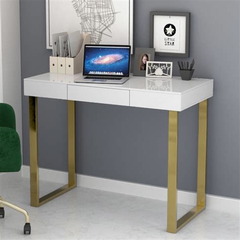 Modern White Desk with Gold Legs - Roxy - Furniture123