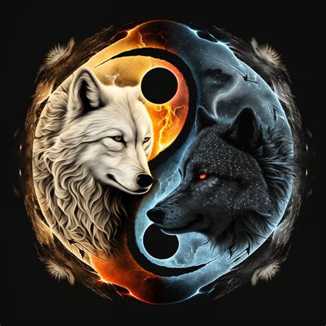 two wolfs are facing each other in front of a yin - yang symbol with flames